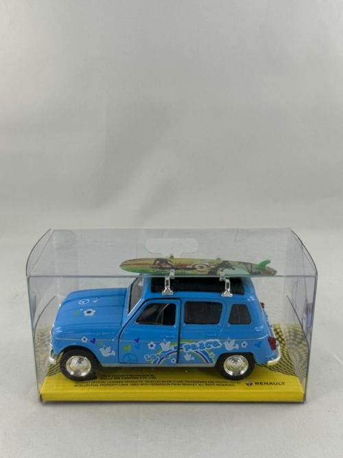 Renault 4L bleue hippie planche de surf verte