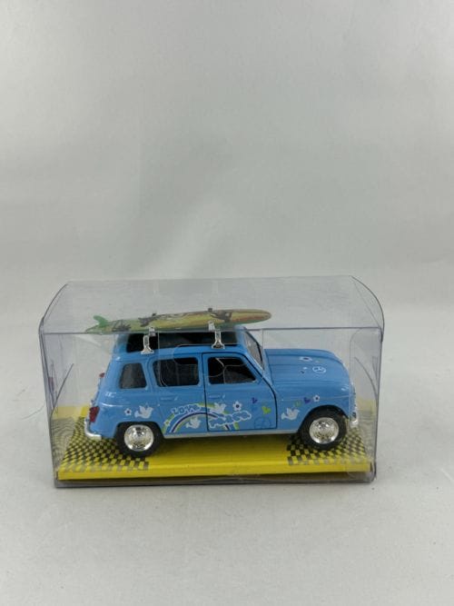 Renault 4L bleue hippie planche de surf verte