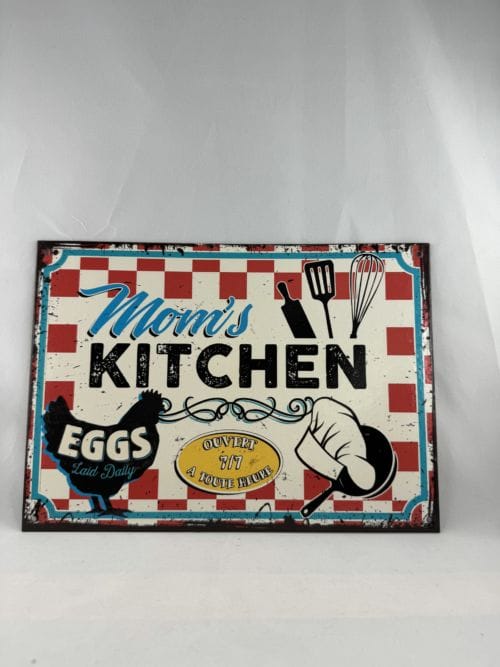 Plaque de style vintage cartonnée Mom's kitchen - Ouvert 7/7 à toute heure - Eggs laid daily