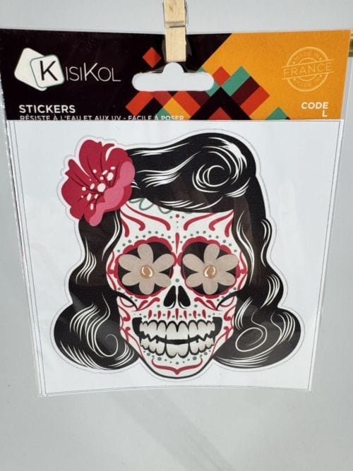 Sticker Skull Tête de mort Femme Fleur rose dans les cheveux