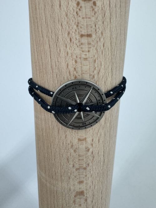 Le vent à la française Bracelet Homme - Rose des vents points cardinaux 2 cm de diamètre - bracelet moucheté noir et blanc - Résistant à l'eau - taille ajustable - confectionné à la main