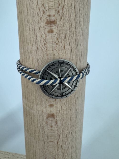 Le vent à la française Bracelet Homme - Rose des vents points cardinaux 2 cm de diamètre - bracelet rayures bleues marrons - Résistant à l'eau - taille ajustable - confectionné à la main