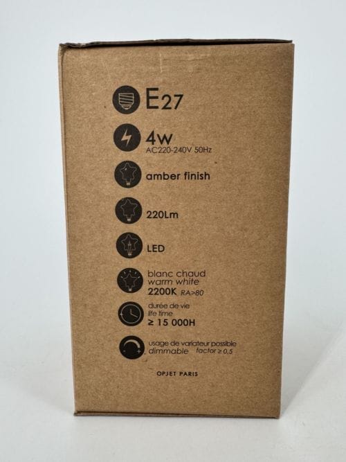 Ampoule E27 Opjet LED filament Bulb 8W 50w incandescent - 220-240V - ampoule verre teinté ambré - blanc chaud 700Lm - usage de variateur possible - Ref 012845
