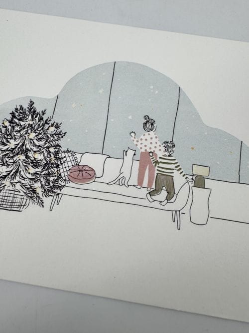 Carte My Lovely Thing - Noël deux enfants et un chat regardant dehors