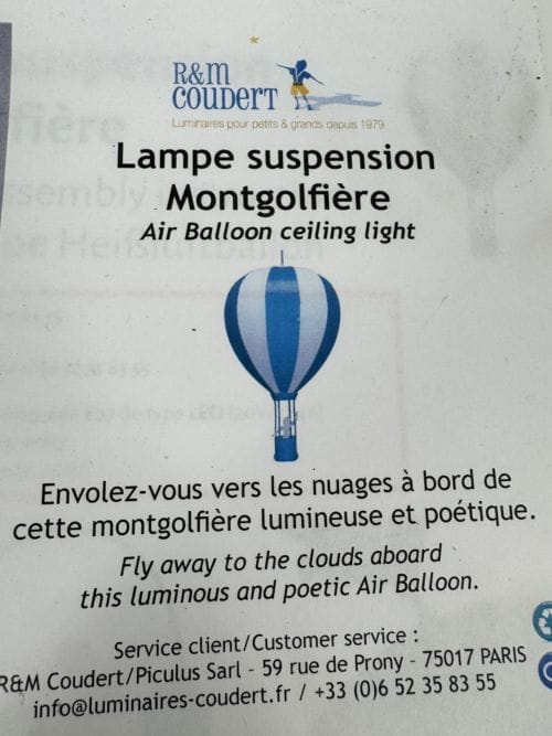 Lampe Suspendue Enfant Montgolfière R&M Coudert Bleue 46cm de Haut 3760139953321