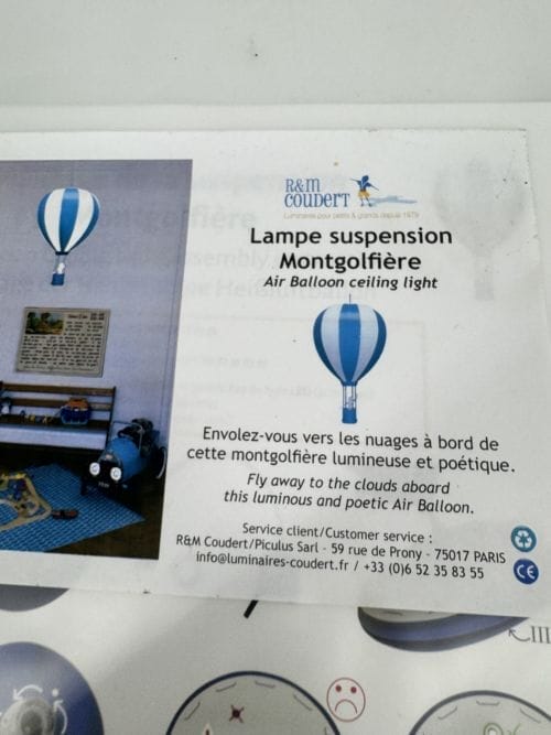 Lampe Suspendue Enfant Montgolfière R&M Coudert Bleue 46cm de Haut 3760139953321