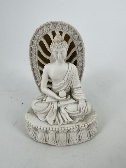 Bouddha assis en tailleur avec pot dans sa main droite lumineux - taches sur le socle arrière