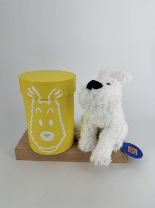 Tintin Hergé Peluche Milou dans sa boîte jaune de 20 cm - Tintinimaginatio